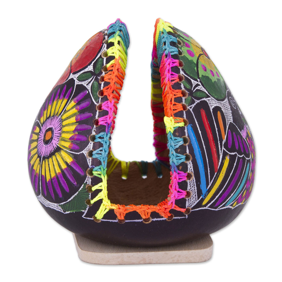 Colorful Bird and Flowers Hand Painted Gourd Napkin Holder - Birdsong Bloom