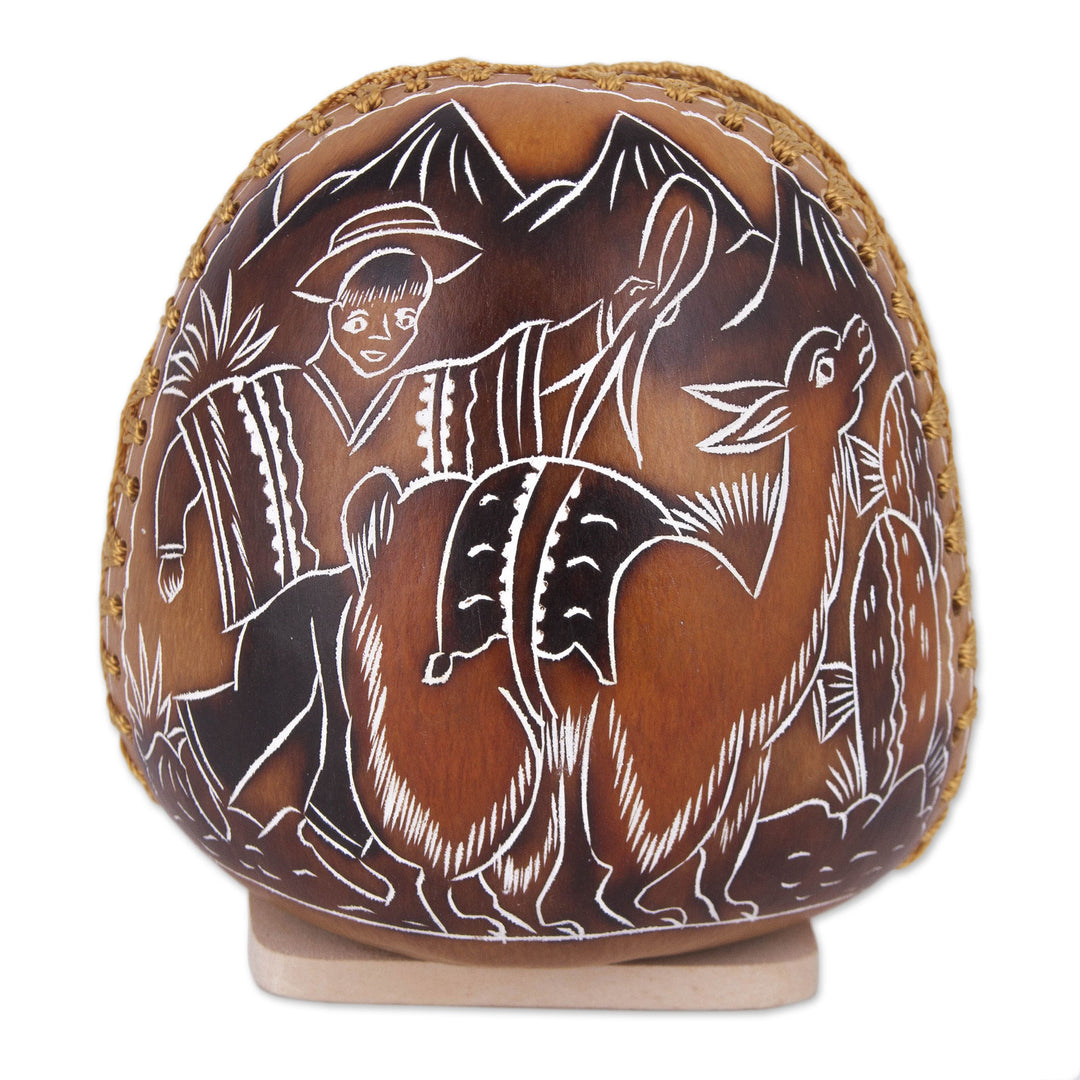Andean Valley Life Hand Carved Gourd Napkin Holder - Pastoral Valley