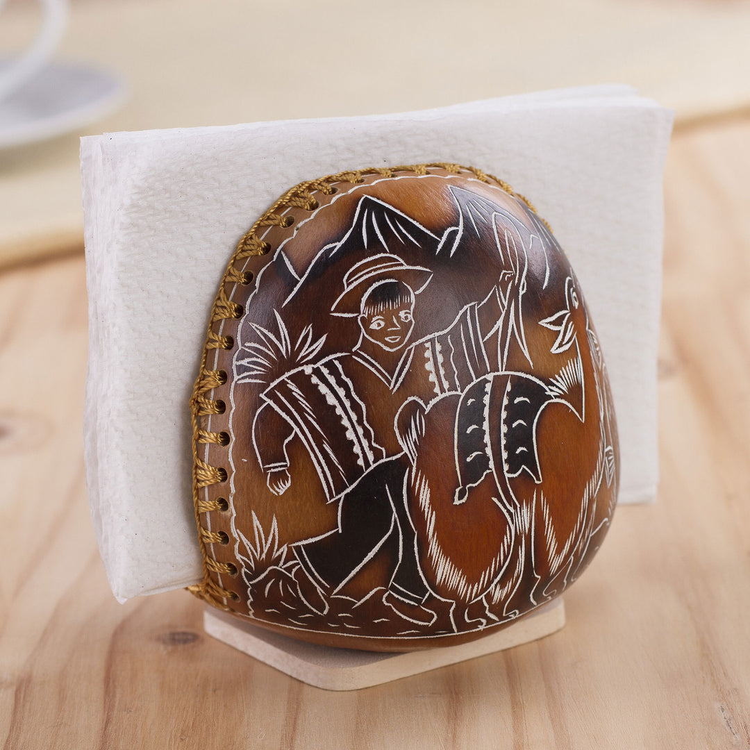 Andean Valley Life Hand Carved Gourd Napkin Holder - Pastoral Valley