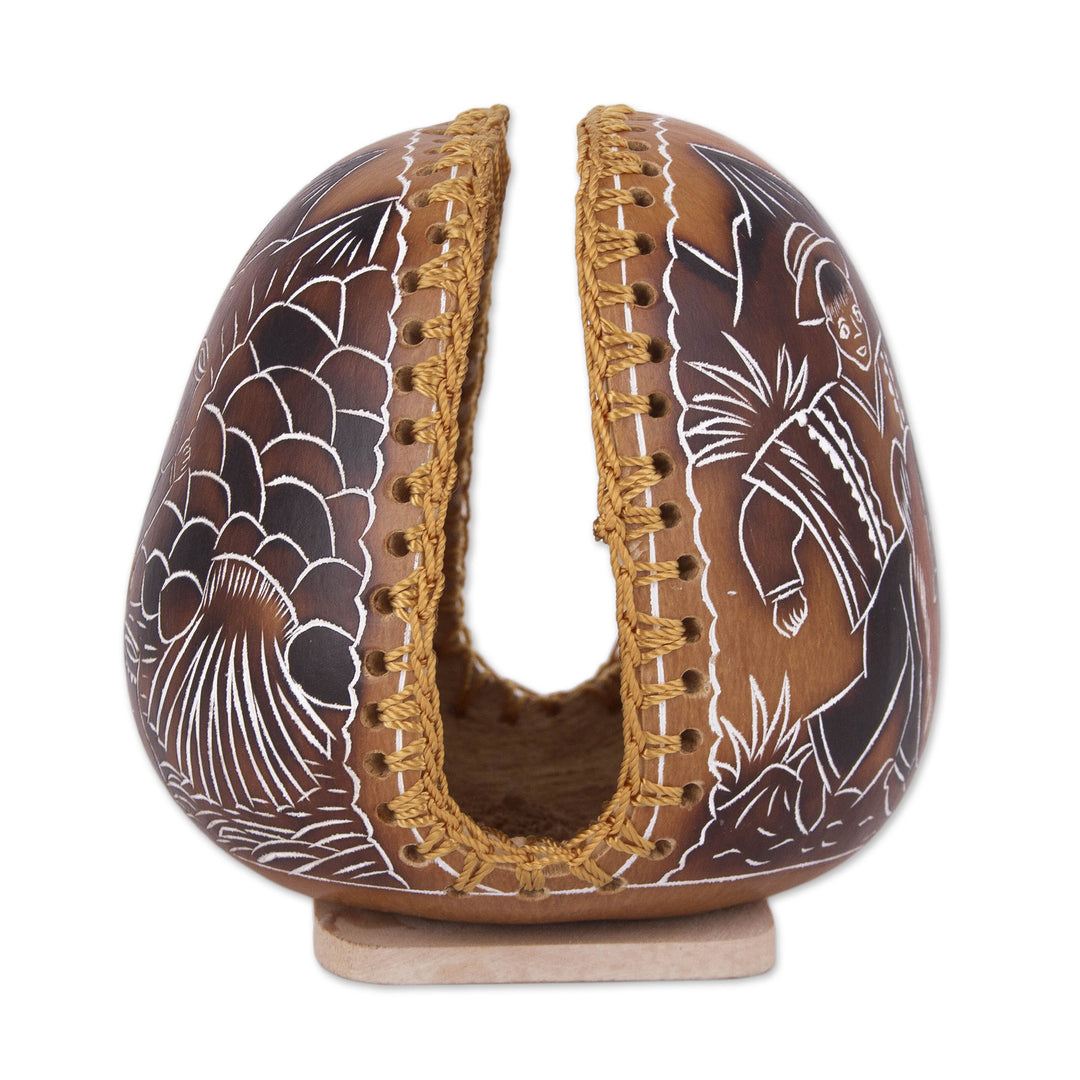 Andean Valley Life Hand Carved Gourd Napkin Holder - Pastoral Valley