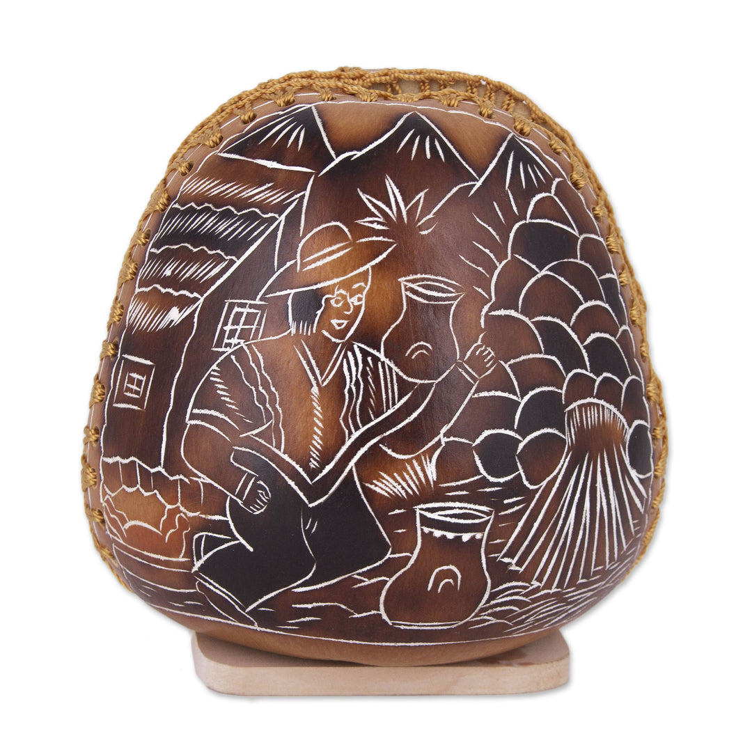 Andean Valley Life Hand Carved Gourd Napkin Holder - Pastoral Valley