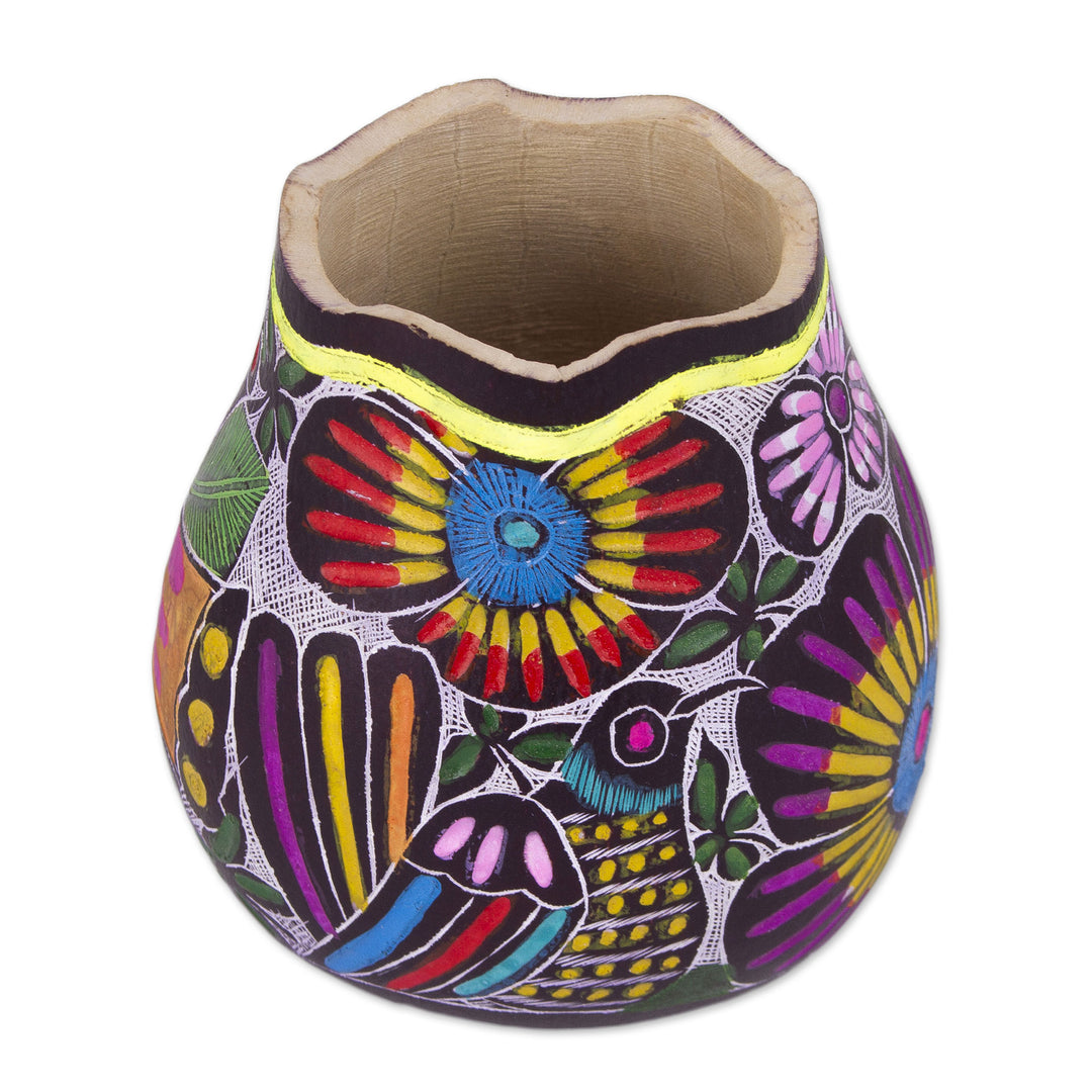 Colorful Bird and Flowers Hand Painted Gourd Desk Accessory - Whistle While You Work