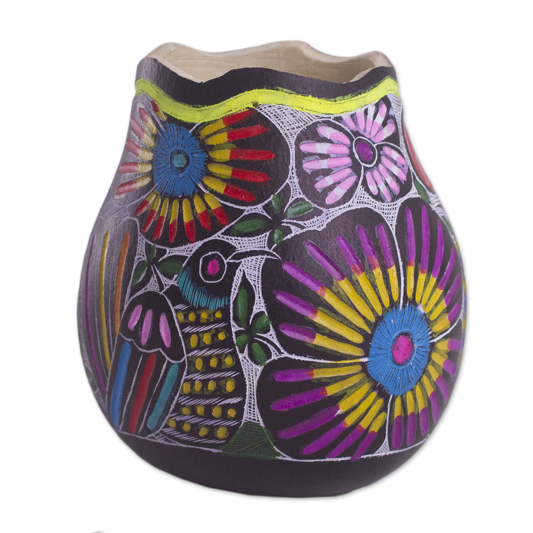 Colorful Bird and Flowers Hand Painted Gourd Desk Accessory - Whistle While You Work