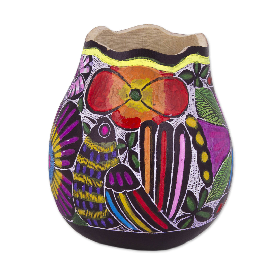 Colorful Bird and Flowers Hand Painted Gourd Desk Accessory - Whistle While You Work