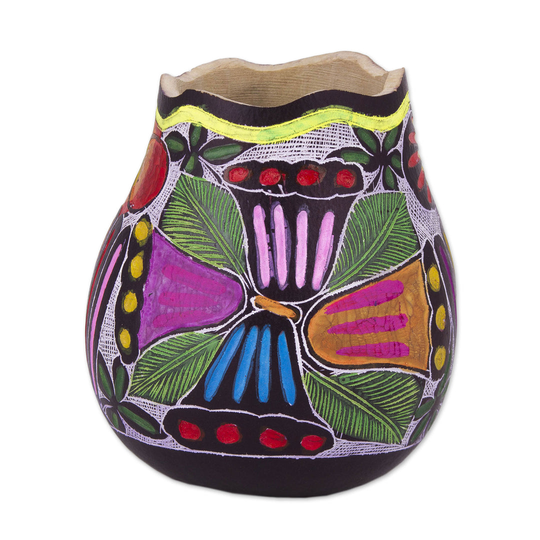 Colorful Bird and Flowers Hand Painted Gourd Desk Accessory - Whistle While You Work