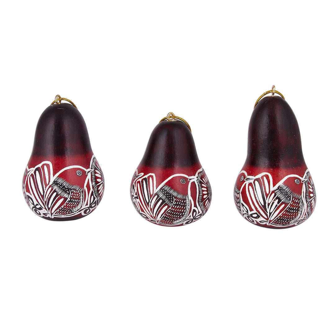 Hand Crafted Bird and Flower Gourd Ornaments (Set of 3) - Bird Chorus