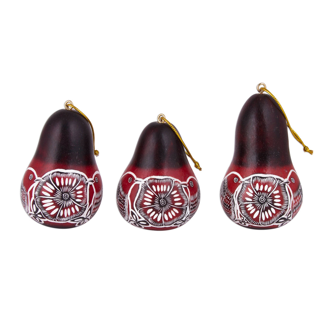Hand Crafted Bird and Flower Gourd Ornaments (Set of 3) - Bird Chorus