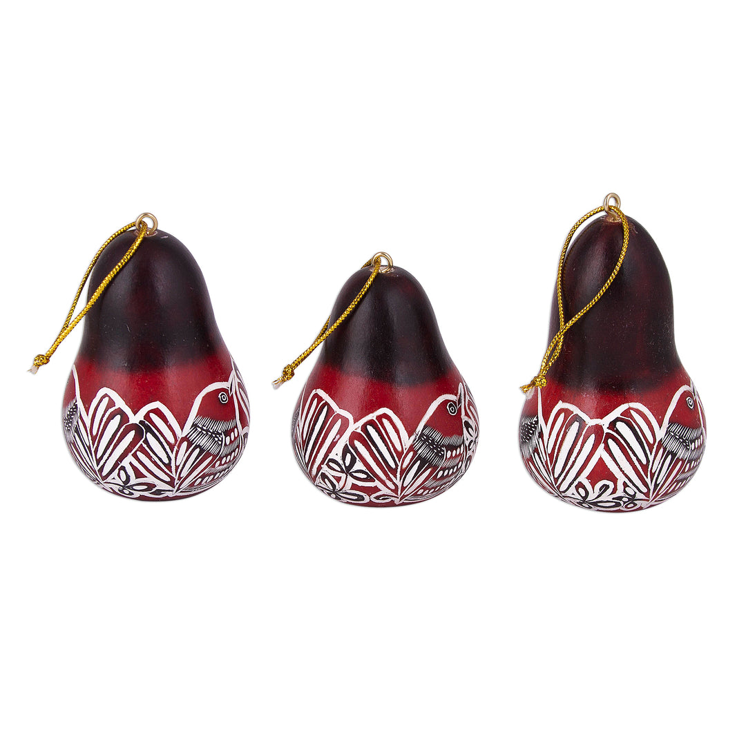 Hand Crafted Bird and Flower Gourd Ornaments (Set of 3) - Bird Chorus