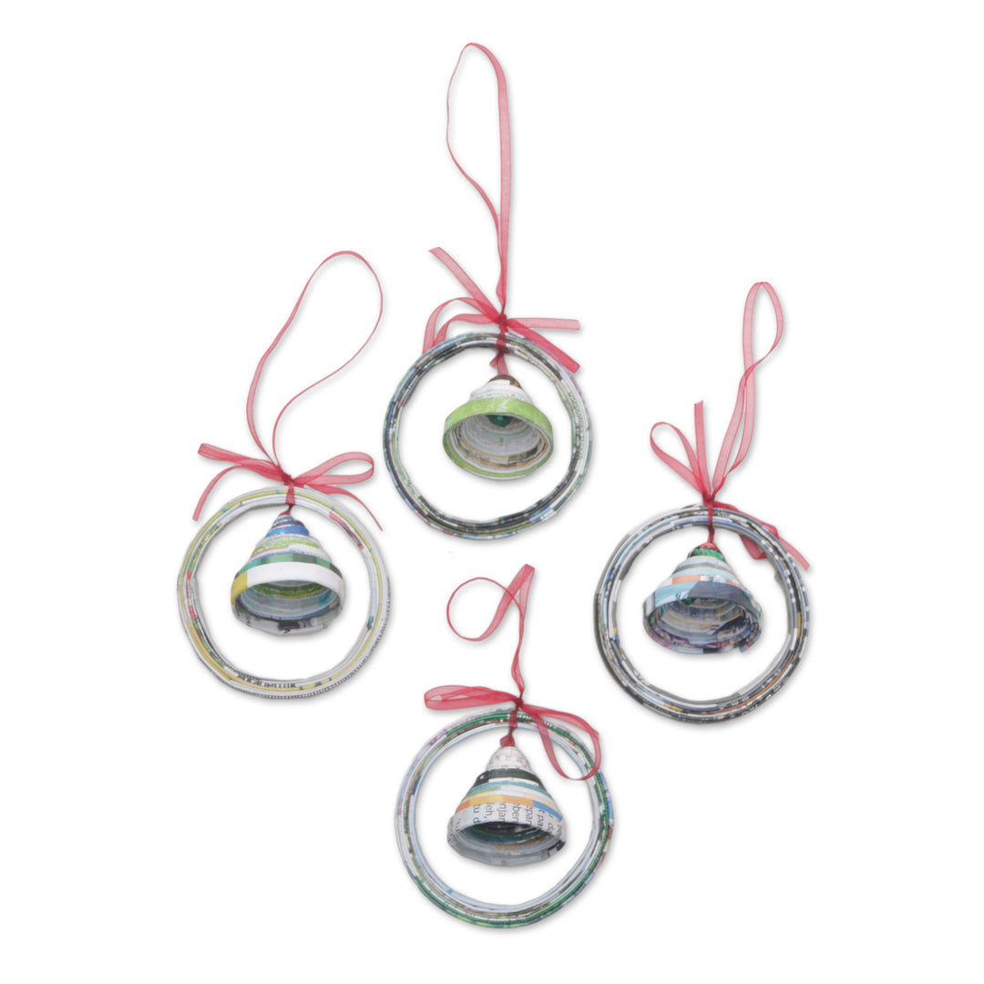 Recycled Magazine Bell-Shaped Holiday Ornaments (Set of 4) - Noel Bells
