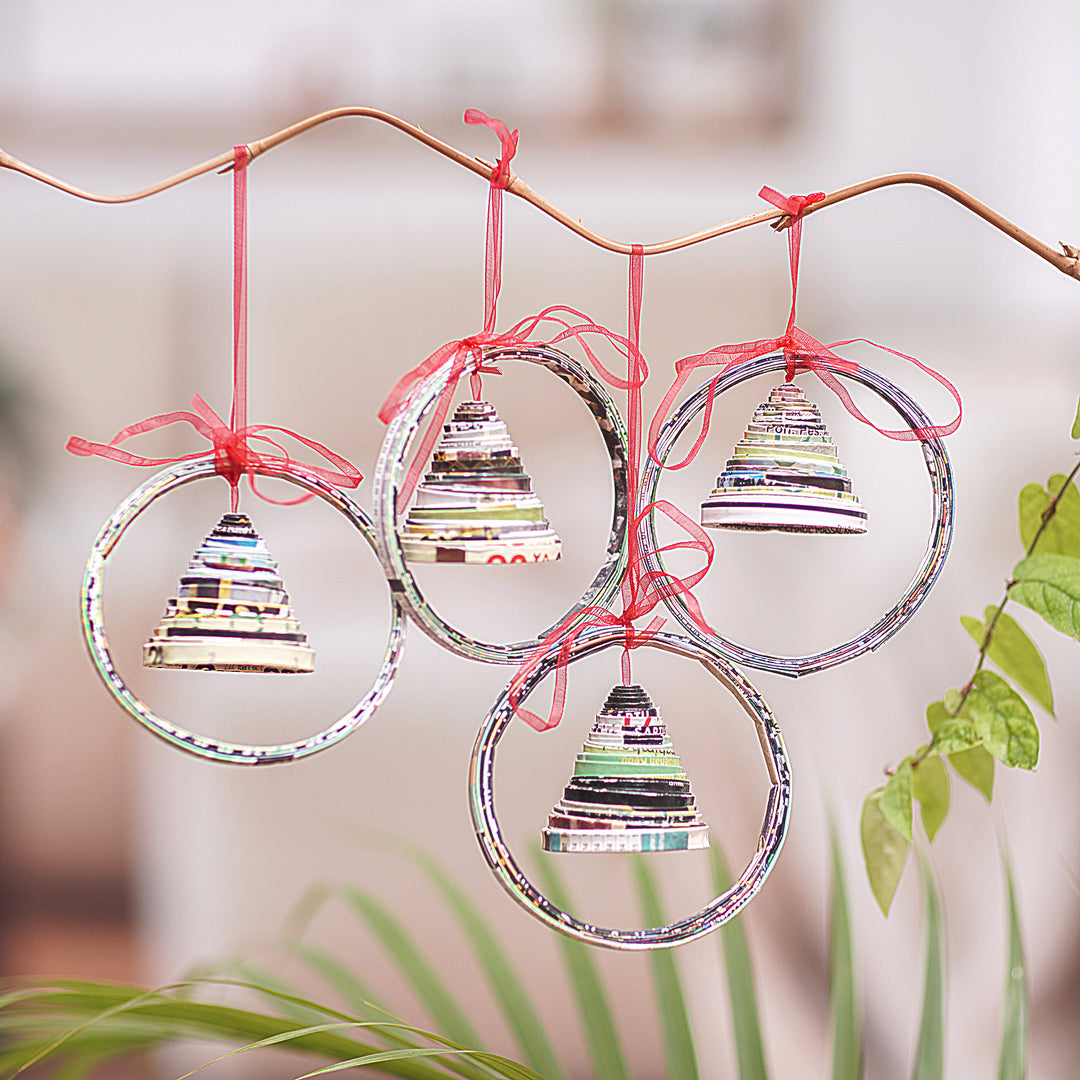 Recycled Magazine Bell-Shaped Holiday Ornaments (Set of 4) - Noel Bells