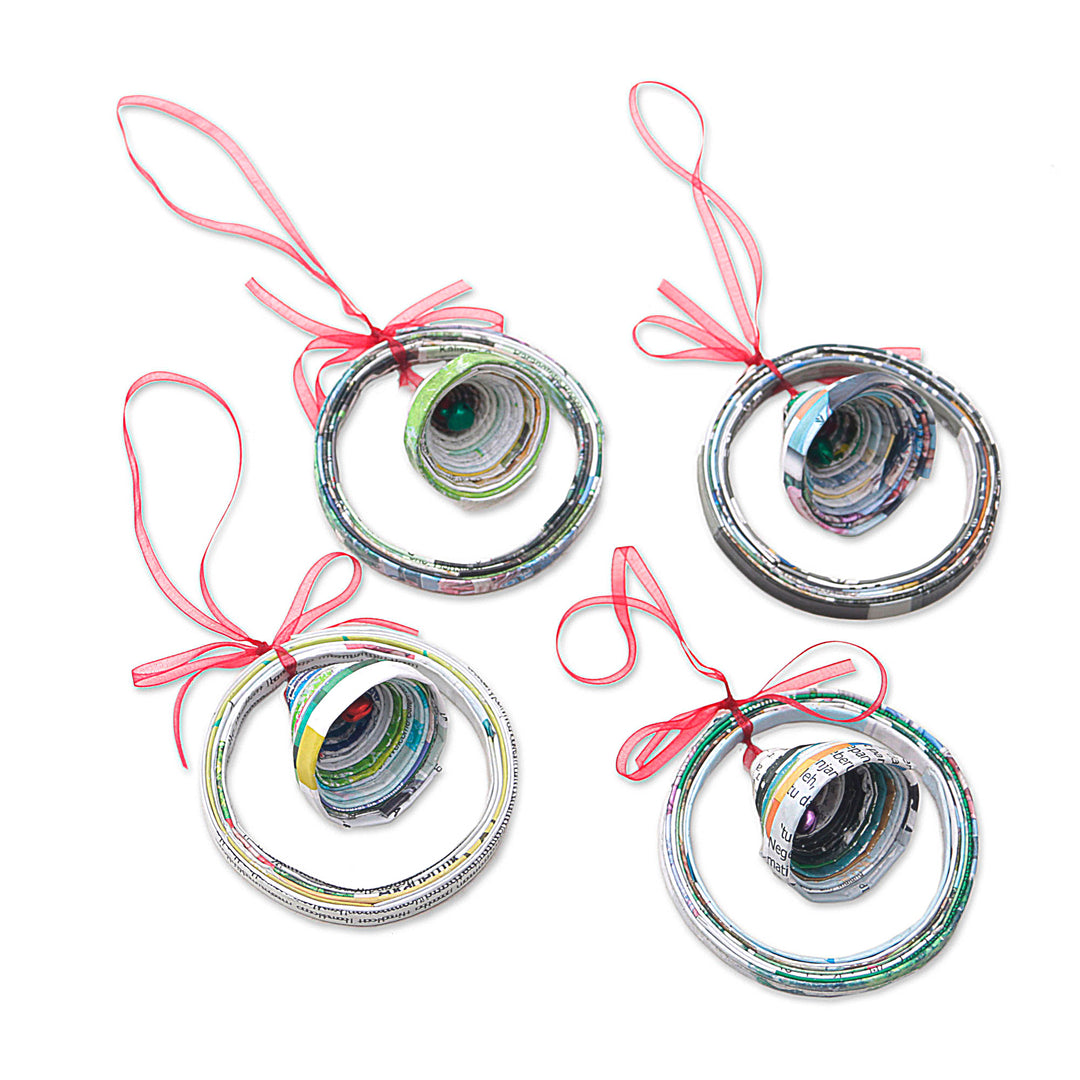 Recycled Magazine Bell-Shaped Holiday Ornaments (Set of 4) - Noel Bells