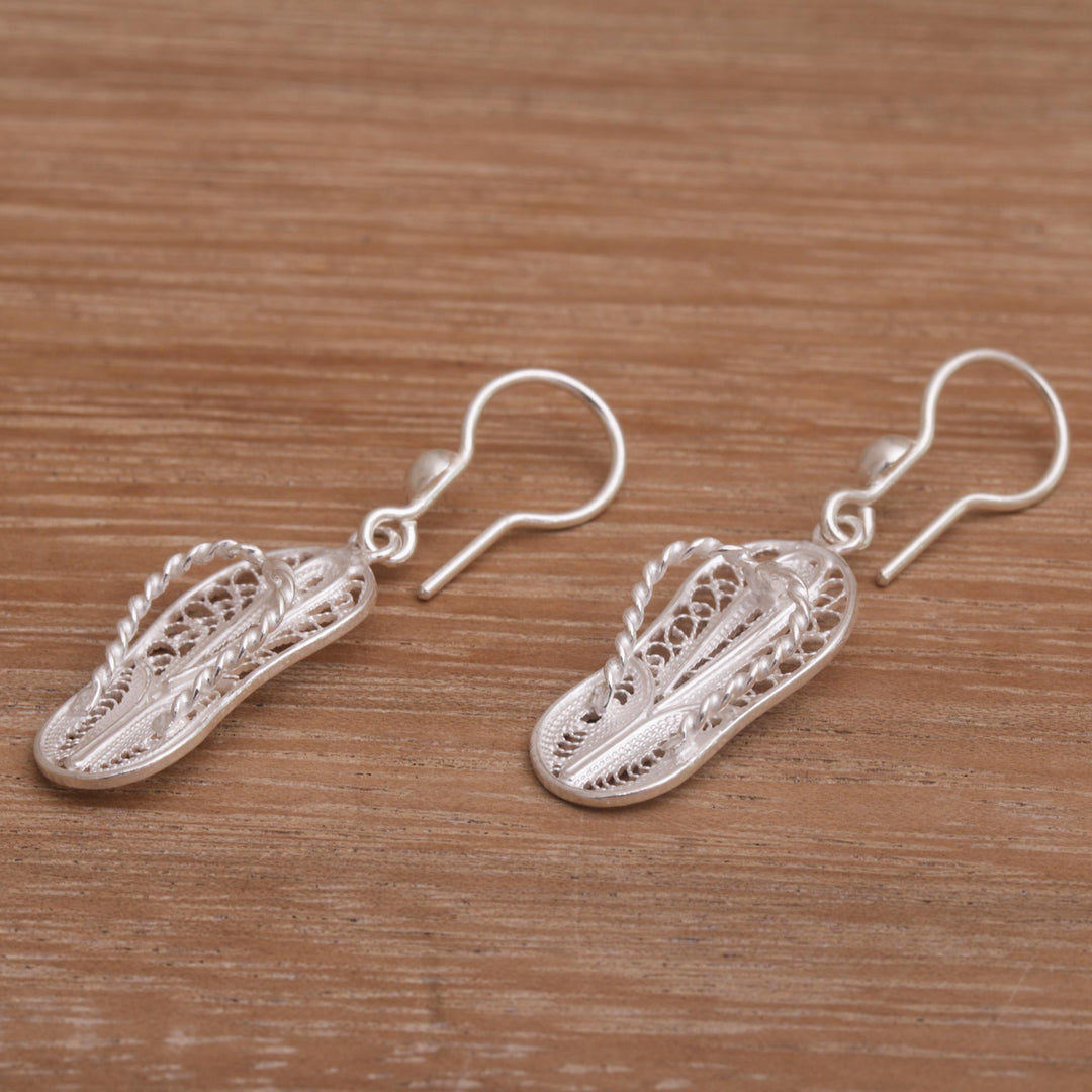 Javanese Filigree Sterling Silver Slipper Dangle Earrings - Java Slippers