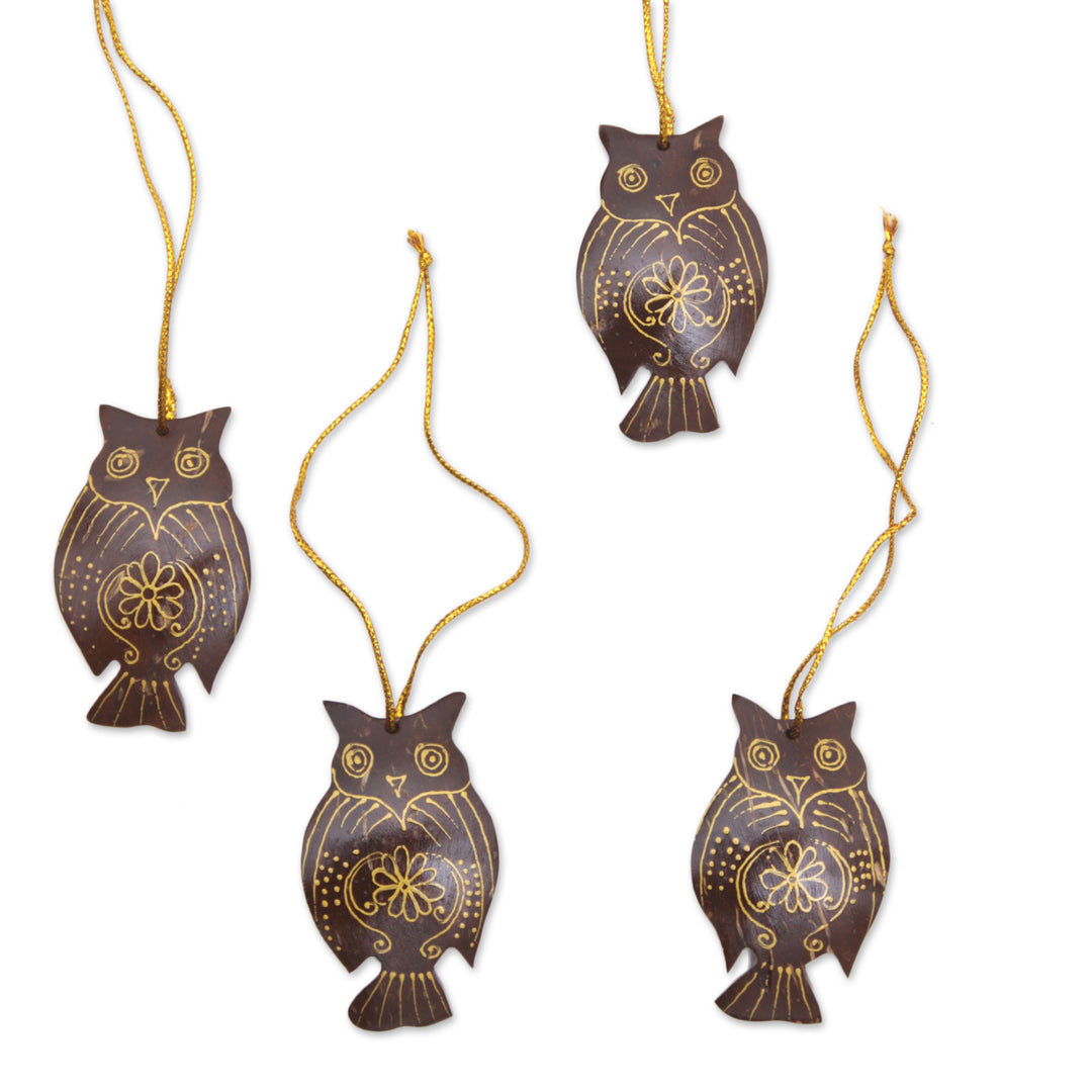 Set of 4 Javanese Coconut Shell Owl Figure Ornaments - Hanging Owls