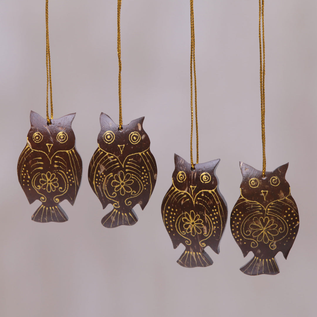 Set of 4 Javanese Coconut Shell Owl Figure Ornaments - Hanging Owls