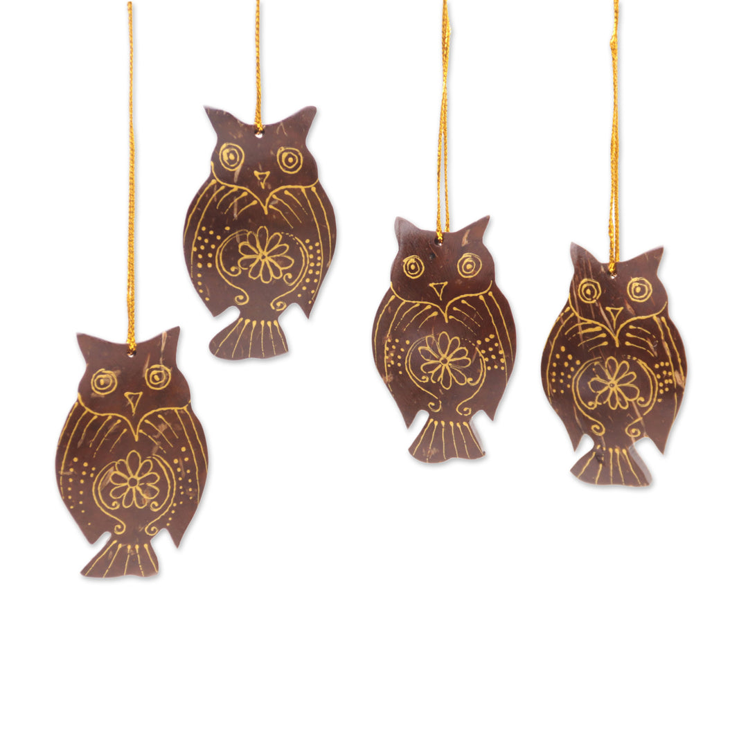 Set of 4 Javanese Coconut Shell Owl Figure Ornaments - Hanging Owls