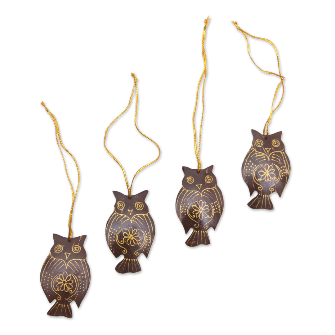 Set of 4 Javanese Coconut Shell Owl Figure Ornaments - Hanging Owls