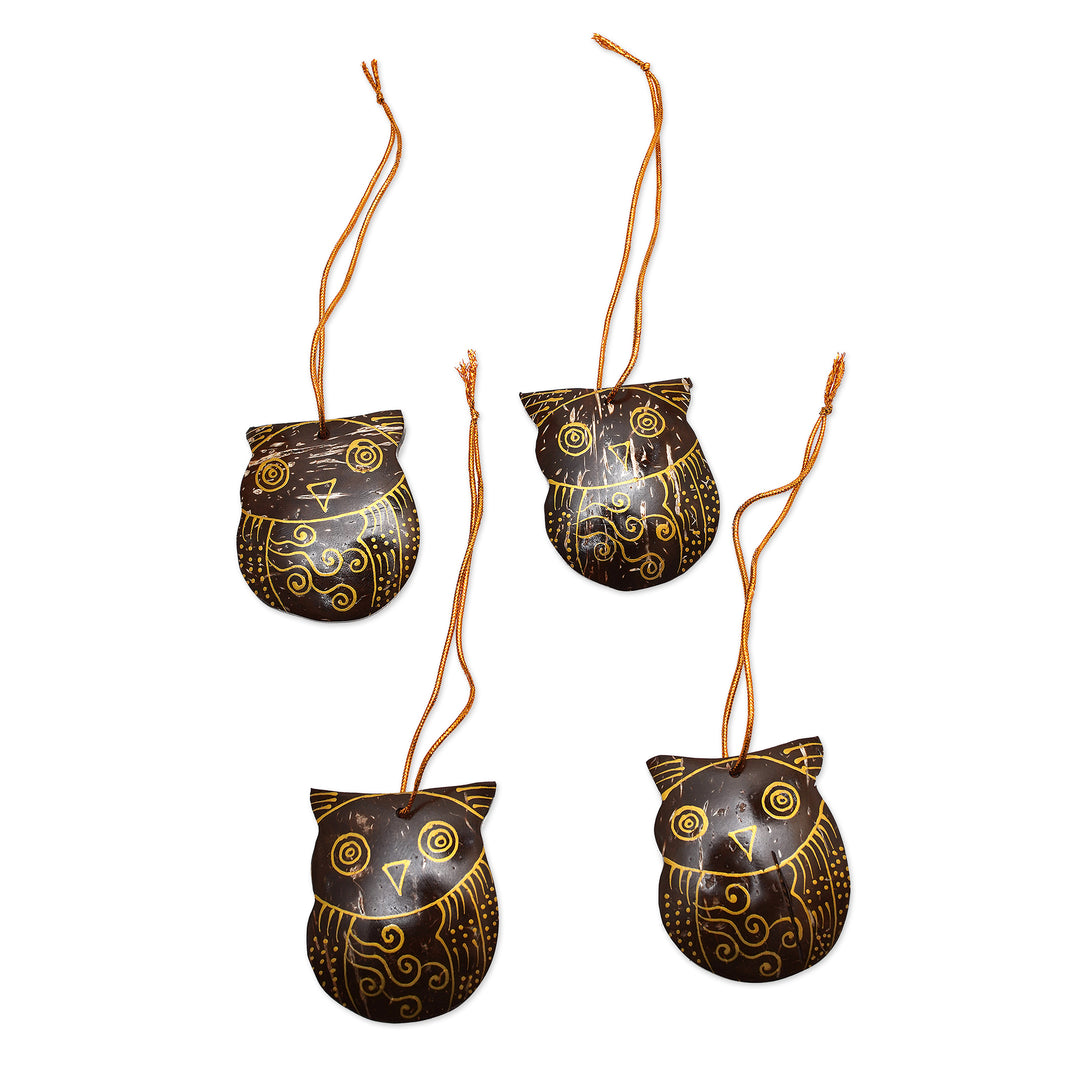 Set of Javanese Handmade Coconut Shell Owl Figure Ornaments - Watchful Owls