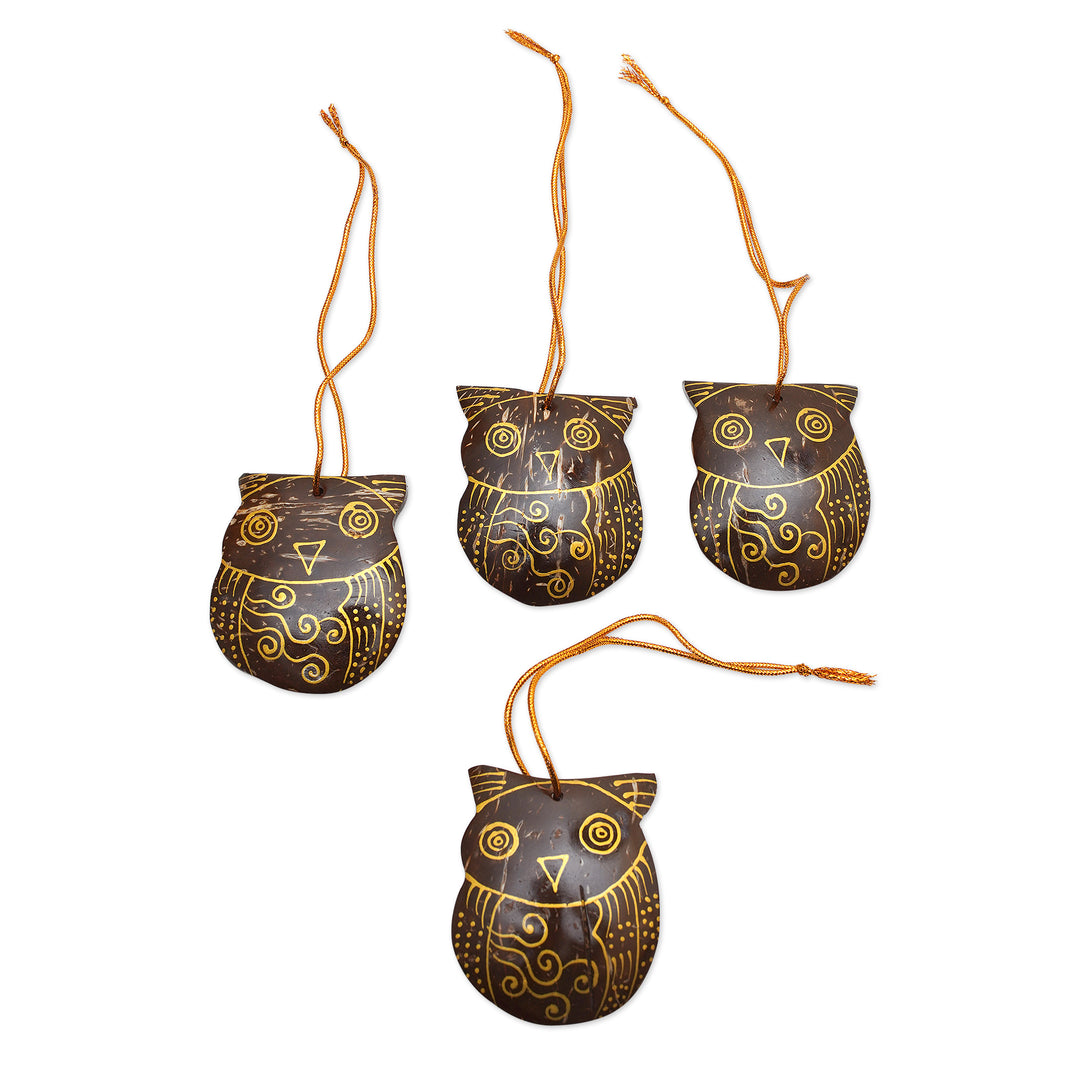Set of Javanese Handmade Coconut Shell Owl Figure Ornaments - Watchful Owls