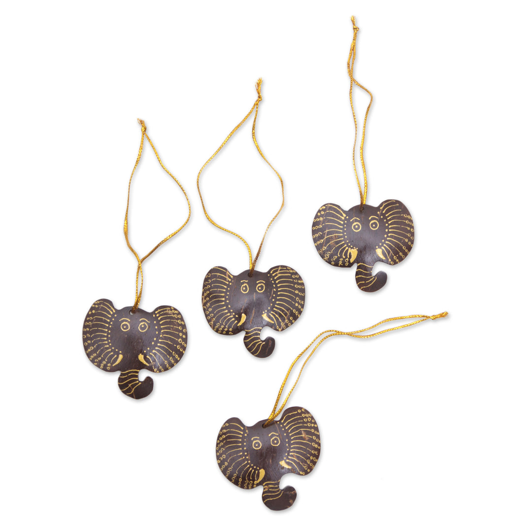 Set of 4 Handmade Coconut Shell Elephant Ornaments - Elephant with Golden Tusks