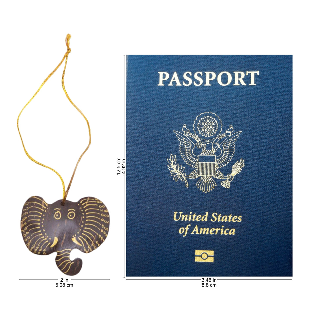 Set of 4 Handmade Coconut Shell Elephant Ornaments - Elephant with Golden Tusks