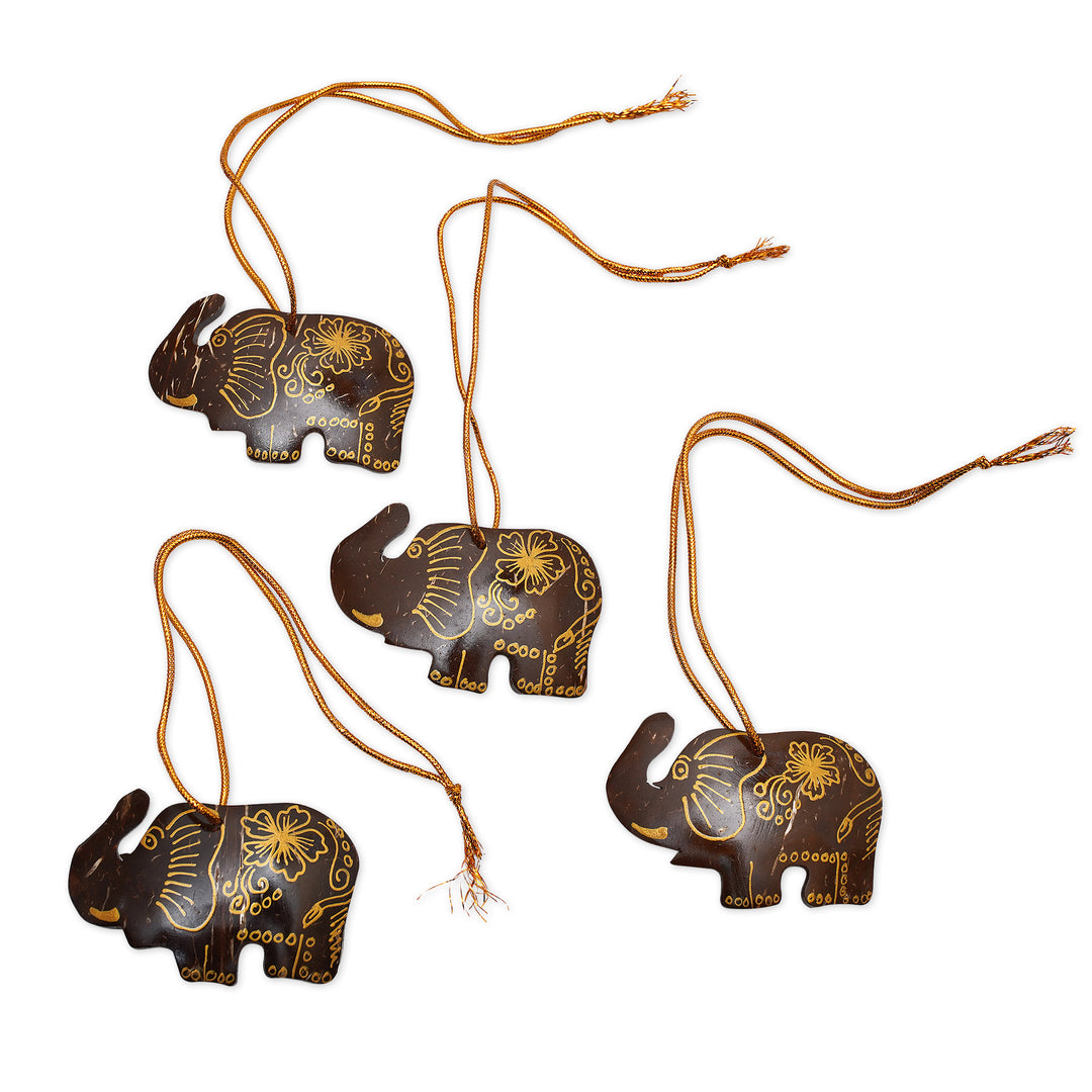 Set of 4 Coconut Shell Traditional Elephant Ornaments - Imperial Elephants