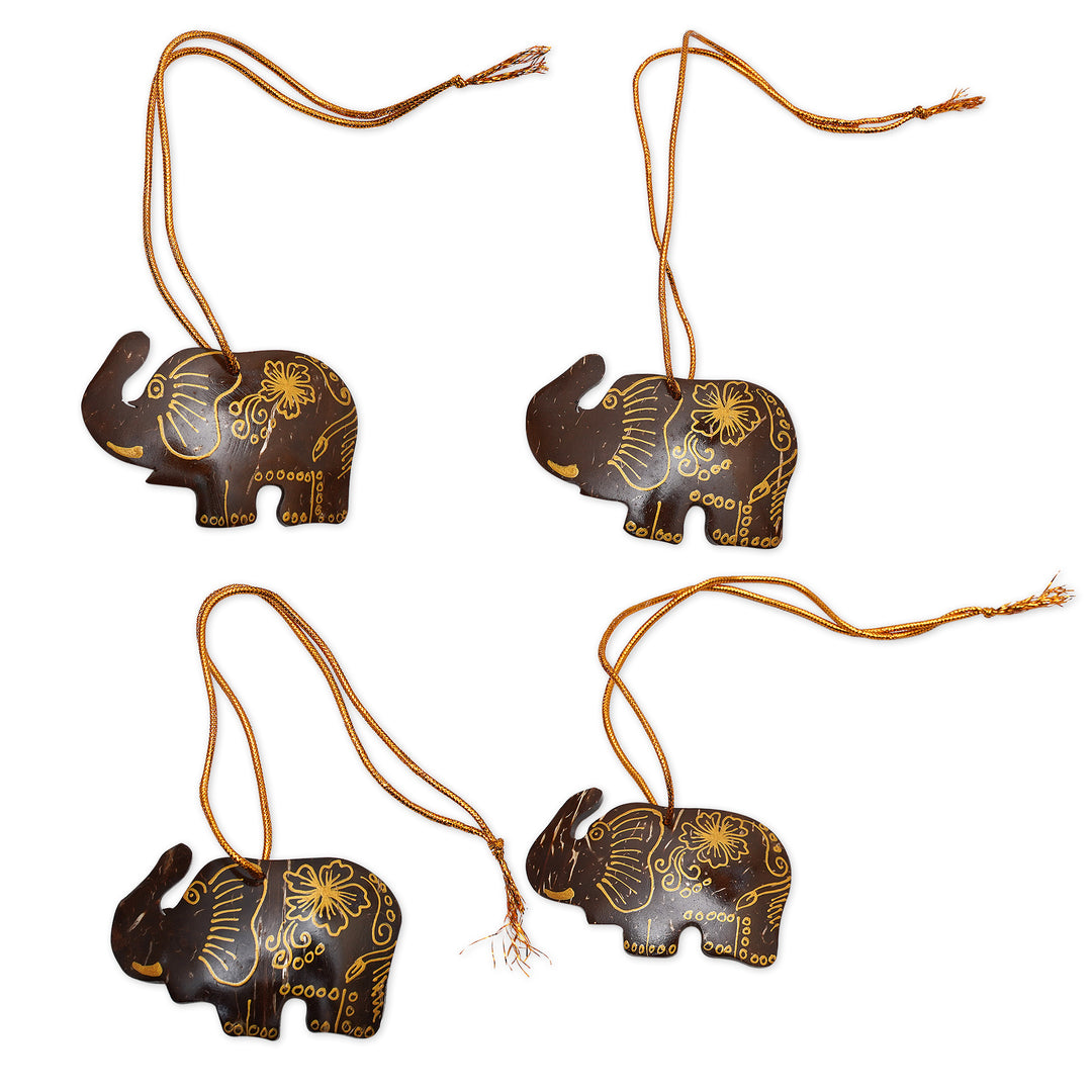 Set of 4 Coconut Shell Traditional Elephant Ornaments - Imperial Elephants