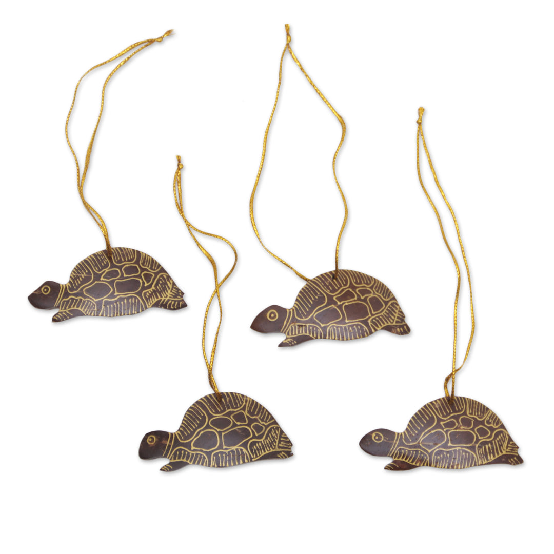 Set of 4 Handmade Brown Coconut Shell Turtle Ornaments - Royal Turtle
