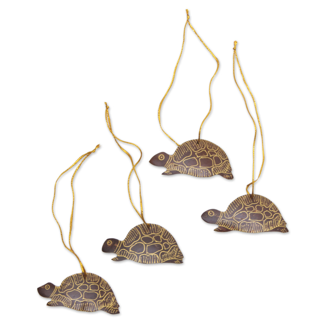 Set of 4 Handmade Brown Coconut Shell Turtle Ornaments - Royal Turtle