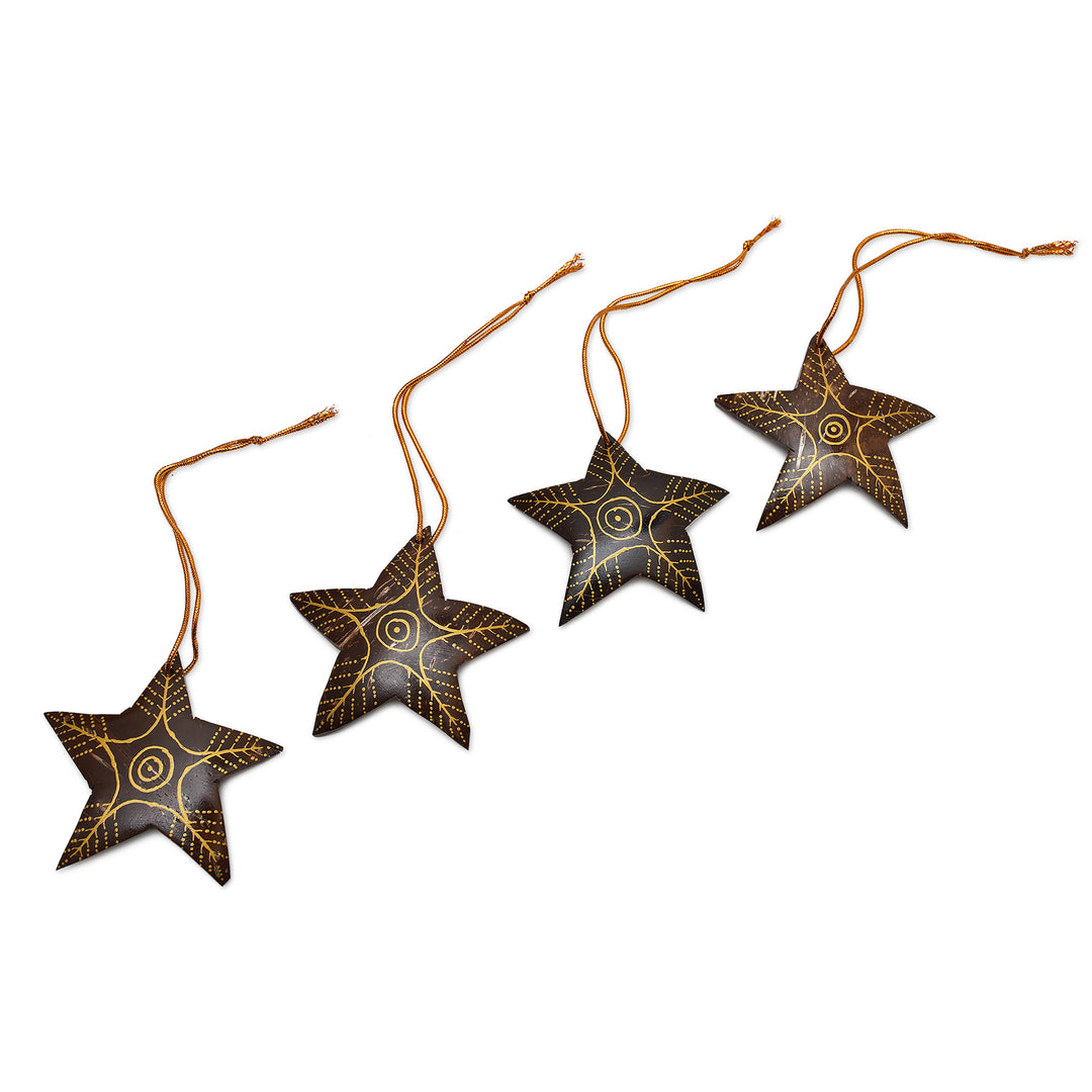 Set of 4 Handmade Brown Coconut Shell Star Ornaments - Bright Lights in the Sky