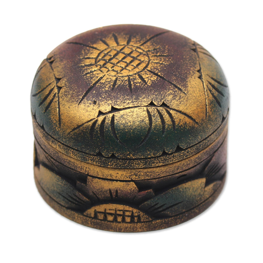 Mahogany Wood Round Metallic Gold Keepsake Jewelry Box - Bougainvillea Blossom