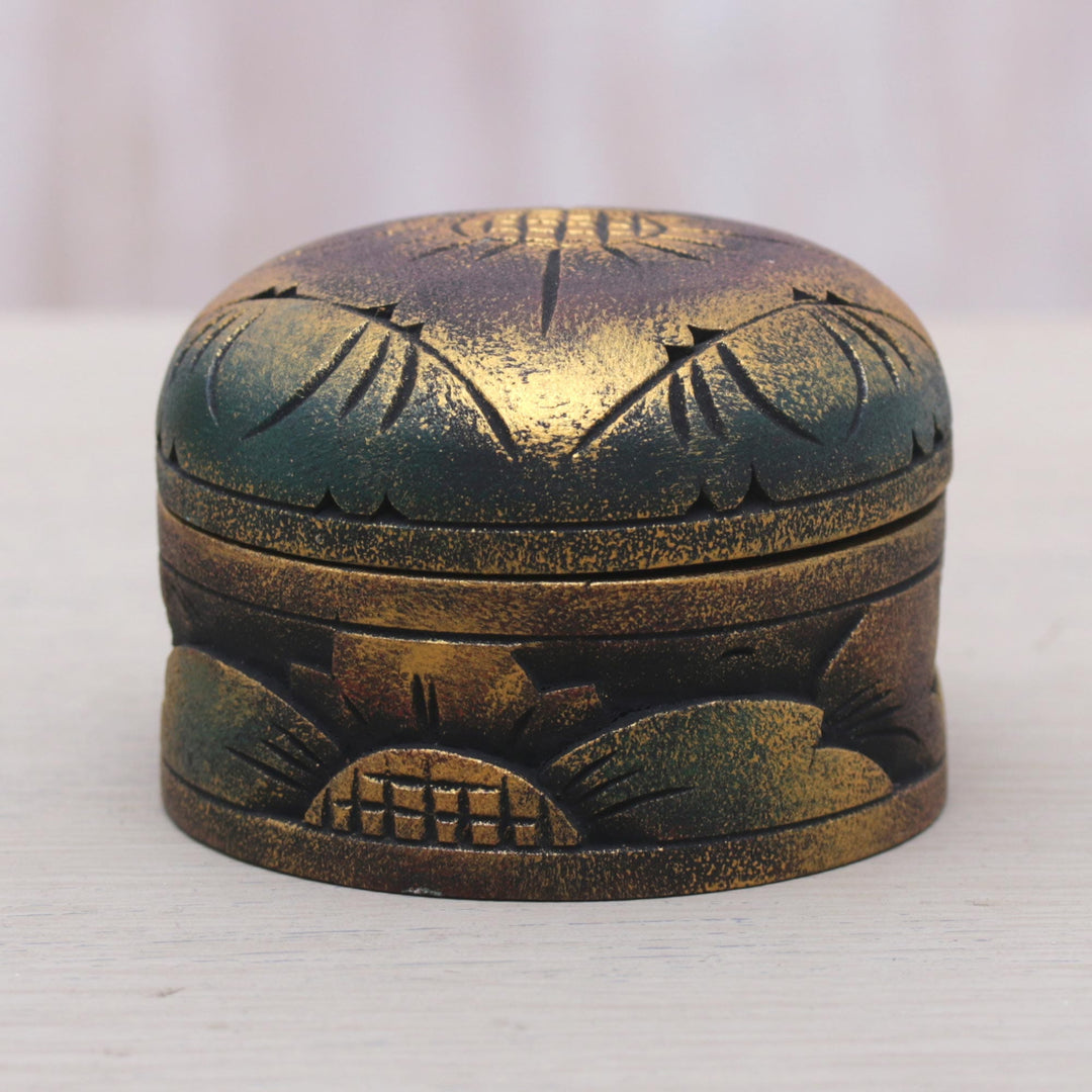 Mahogany Wood Round Metallic Gold Keepsake Jewelry Box - Bougainvillea Blossom