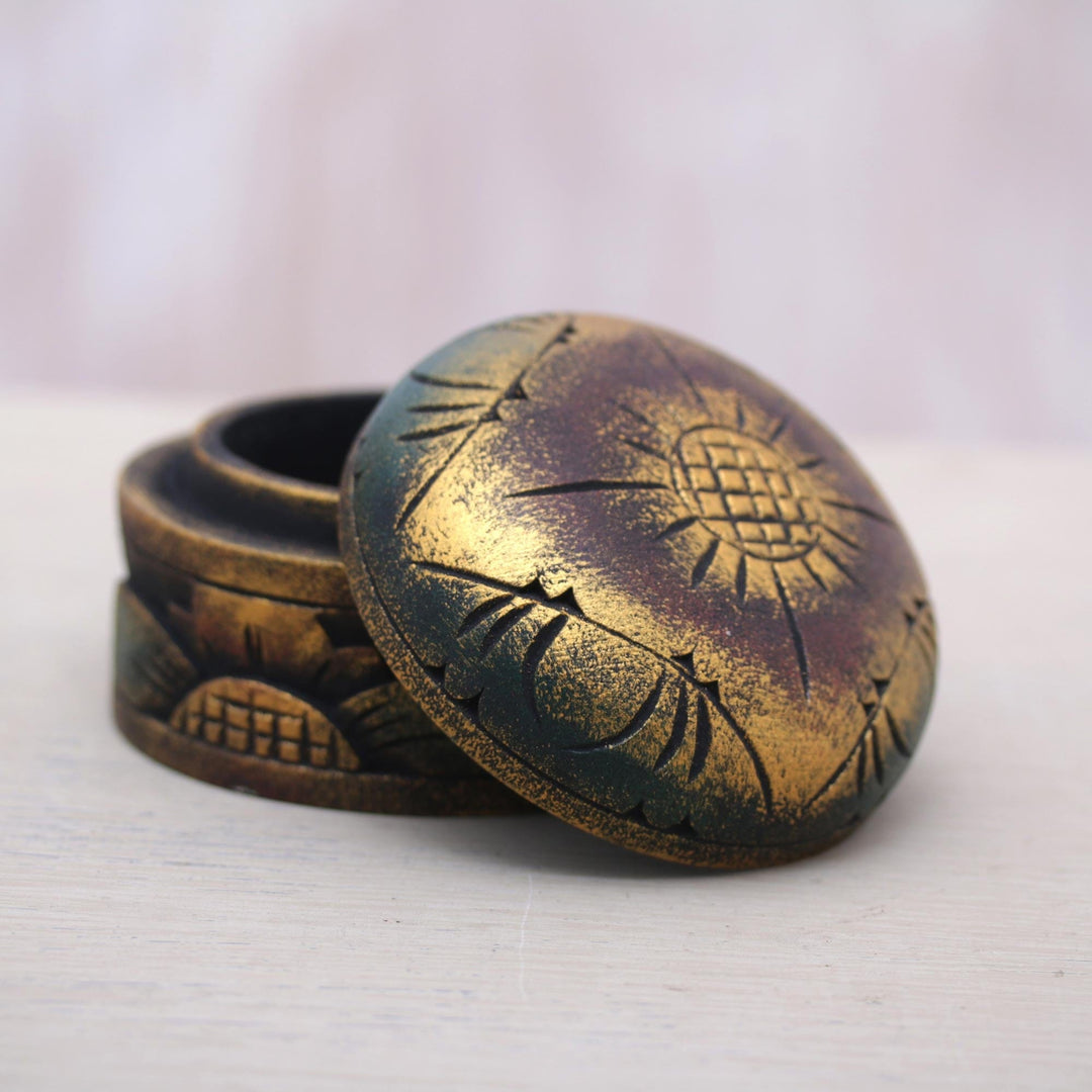 Mahogany Wood Round Metallic Gold Keepsake Jewelry Box - Bougainvillea Blossom