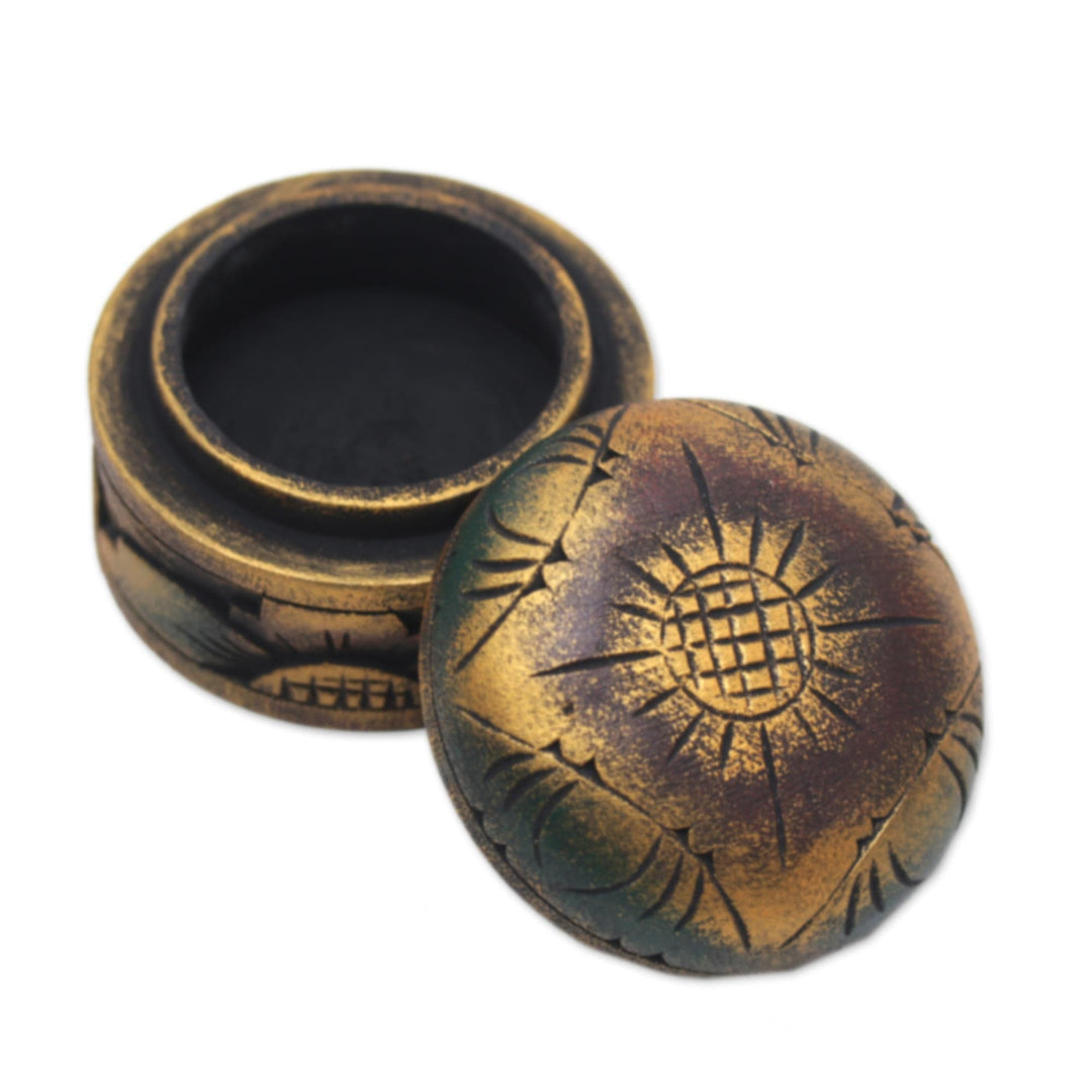 Mahogany Wood Round Metallic Gold Keepsake Jewelry Box - Bougainvillea Blossom