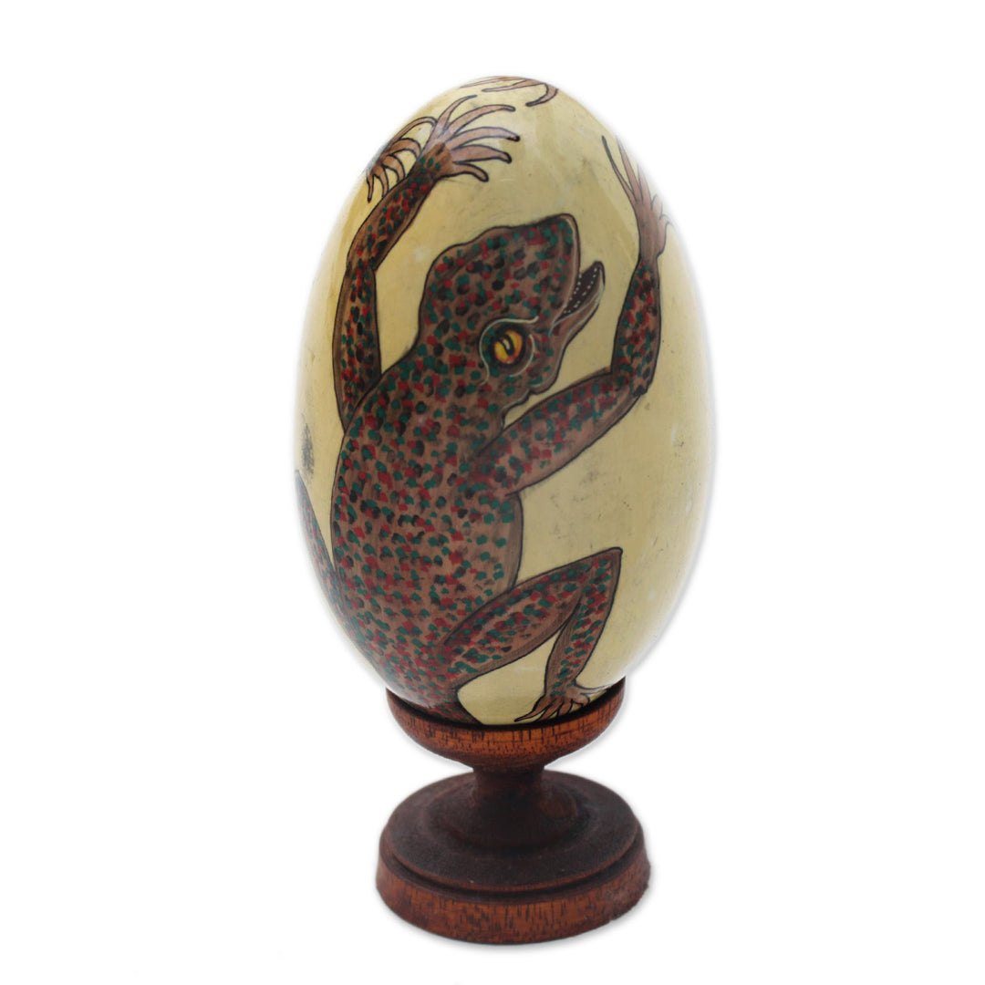 Egg-Shaped Albesia Wood Gecko Sculpture from Bali - Gecko Egg