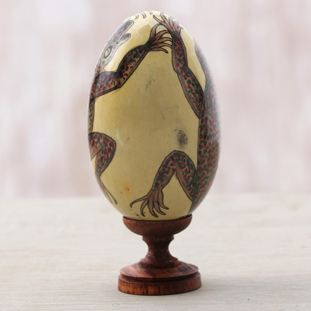 Egg-Shaped Albesia Wood Gecko Sculpture from Bali - Gecko Egg