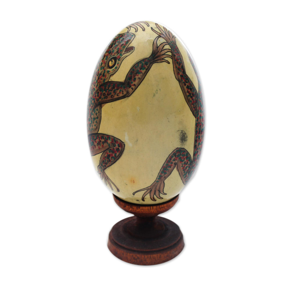 Egg-Shaped Albesia Wood Gecko Sculpture from Bali - Gecko Egg
