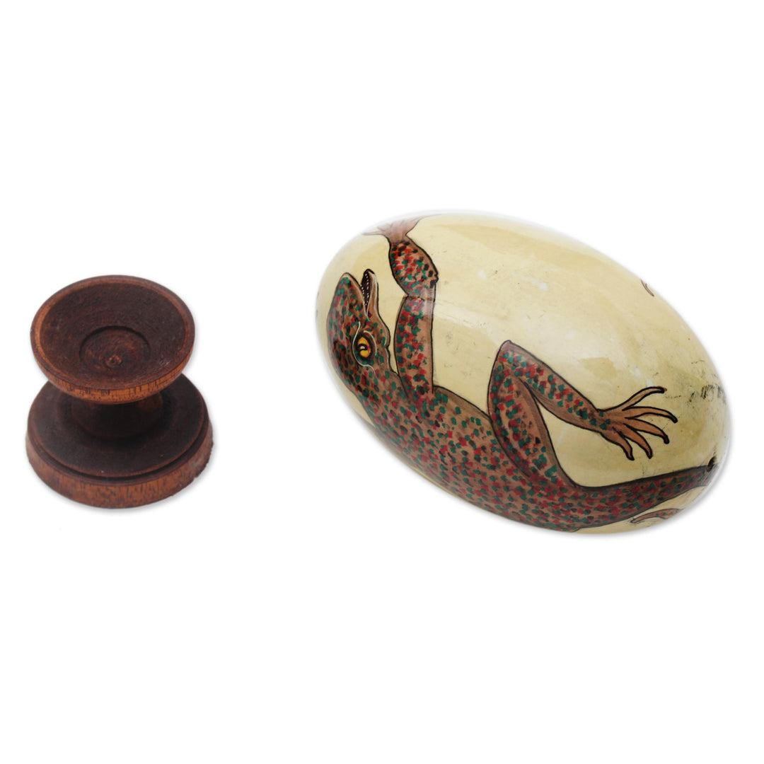 Egg-Shaped Albesia Wood Gecko Sculpture from Bali - Gecko Egg