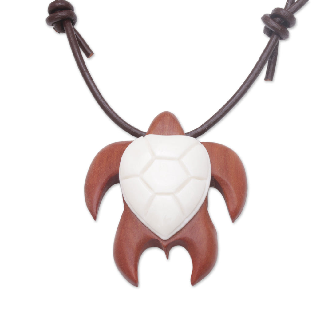 Sawo Wood and Bone Turtle Necklace from Bali - Bali Turtle