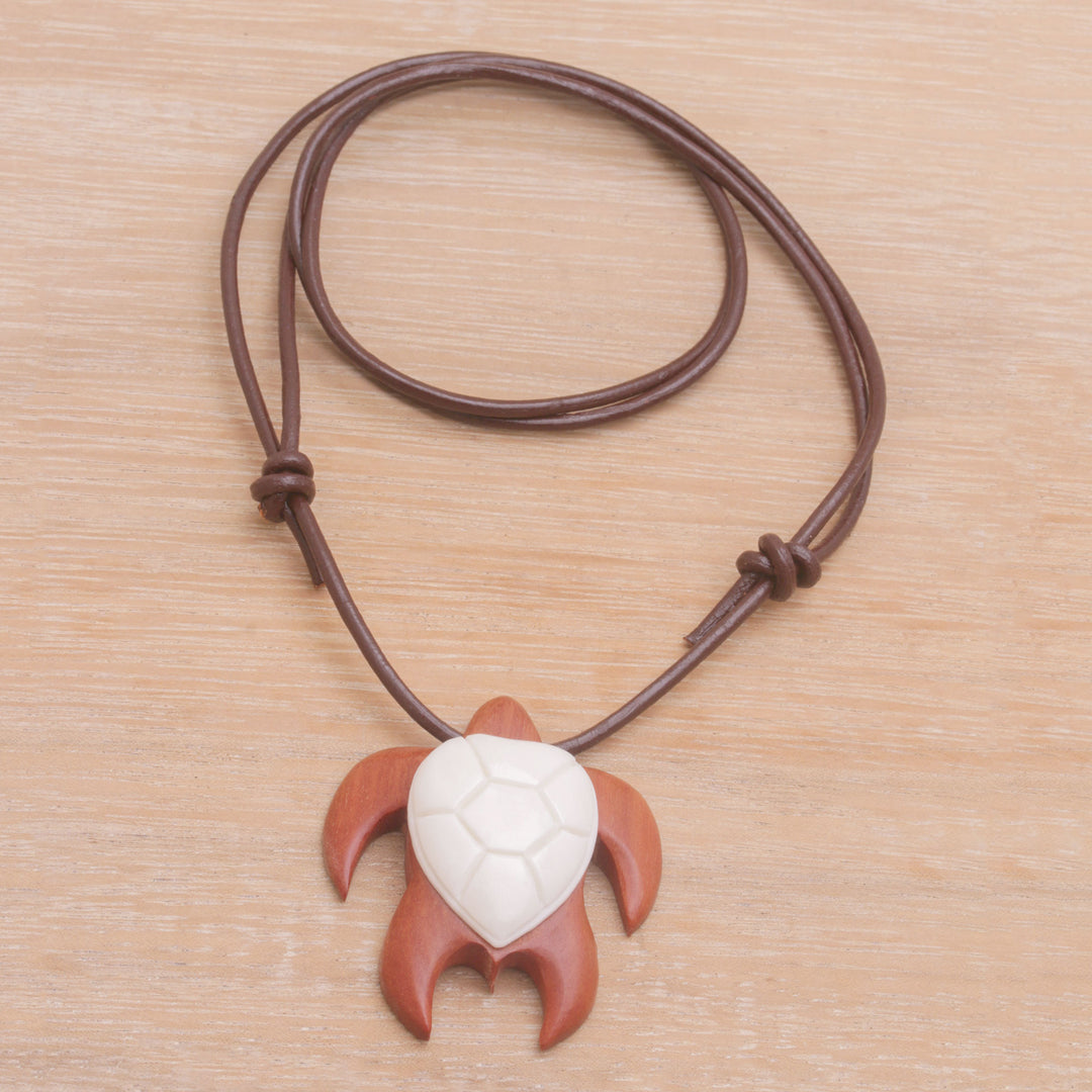 Sawo Wood and Bone Turtle Necklace from Bali - Bali Turtle