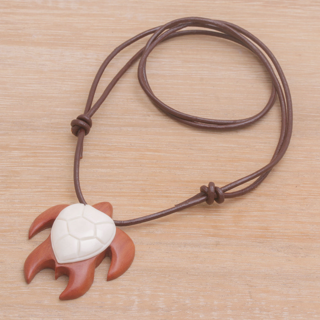 Sawo Wood and Bone Turtle Necklace from Bali - Bali Turtle