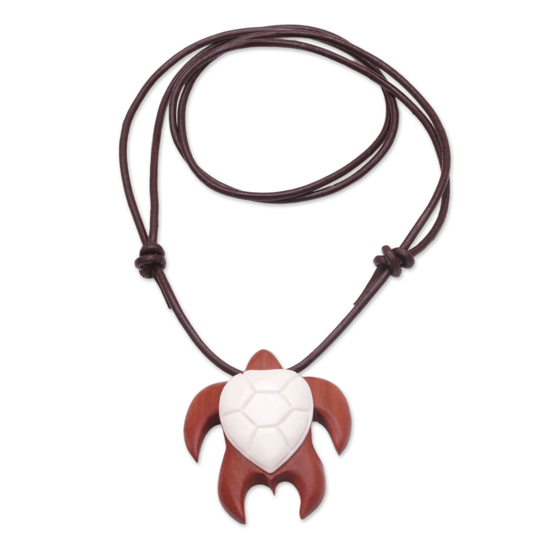 Sawo Wood and Bone Turtle Necklace from Bali - Bali Turtle