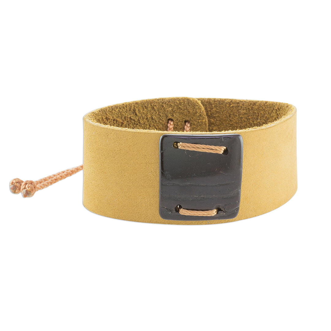 Mustard Leather Coconut Shell Pendant Wristband Bracelet - Energetic
