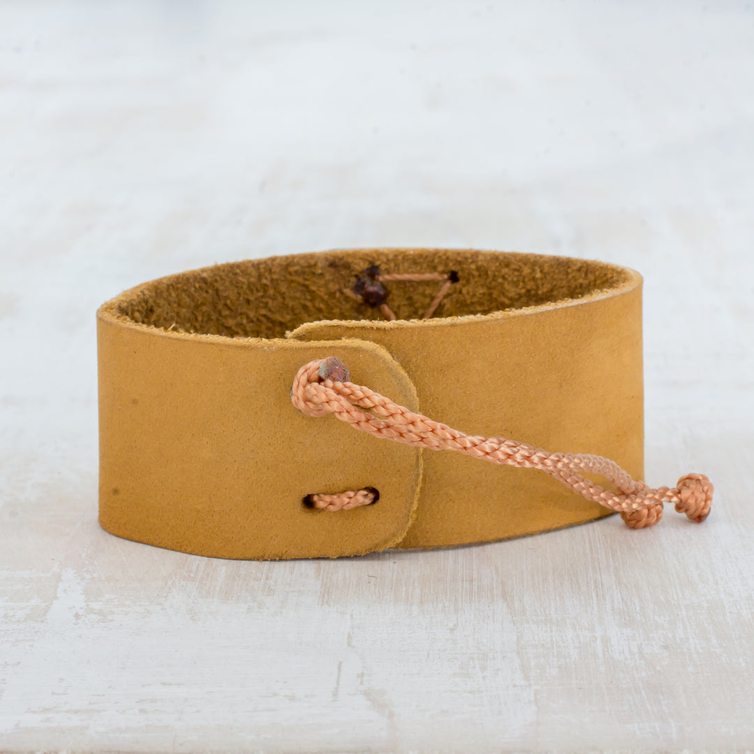 Mustard Leather Coconut Shell Pendant Wristband Bracelet - Energetic