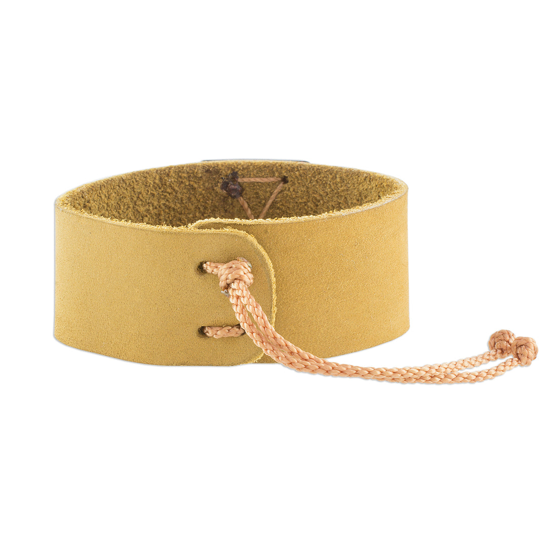 Mustard Leather Coconut Shell Pendant Wristband Bracelet - Energetic
