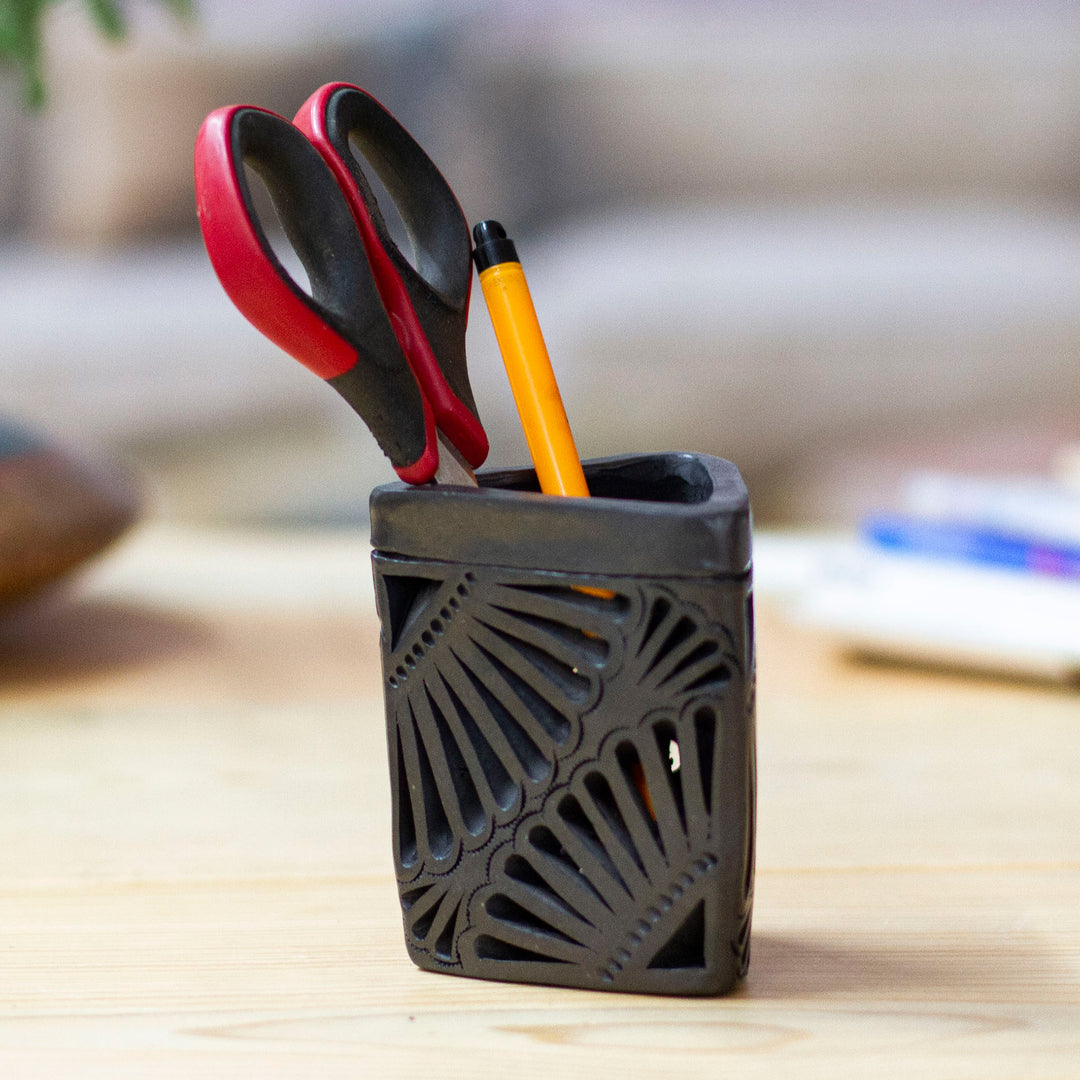 Oaxaca Barro Negro Triangular Ceramic Pencil Holder - Oaxacan Twilight