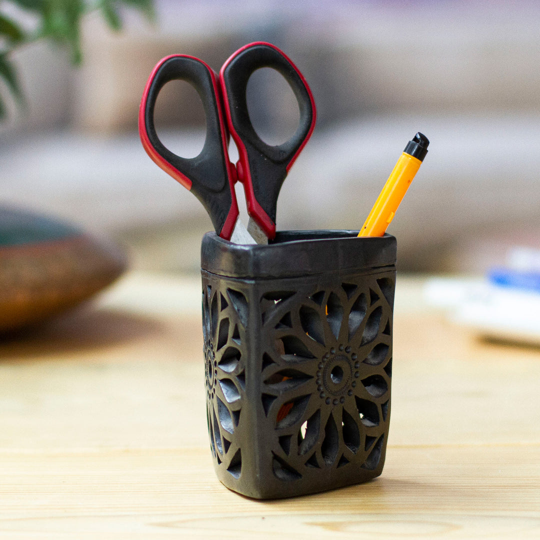 Oaxaca Barro Negro Triangular Floral Ceramic Pencil Holder - Oaxacan Dusk