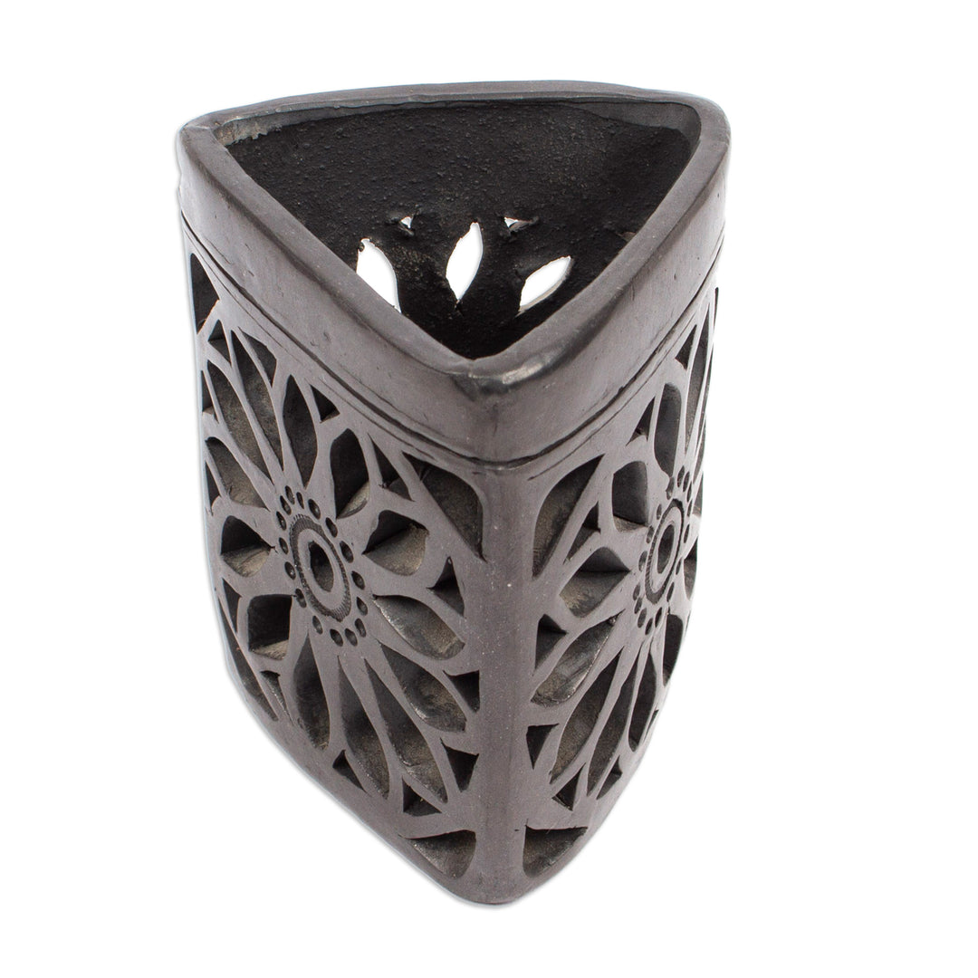 Oaxaca Barro Negro Triangular Floral Ceramic Pencil Holder - Oaxacan Dusk