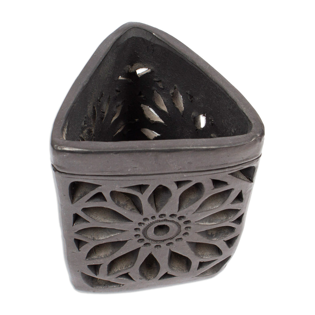 Oaxaca Barro Negro Triangular Floral Ceramic Pencil Holder - Oaxacan Dusk