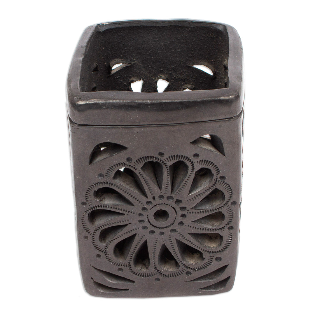 Oaxaca Barro Negro Rectangular Floral Ceramic Pencil Holder - Oaxacan Flower