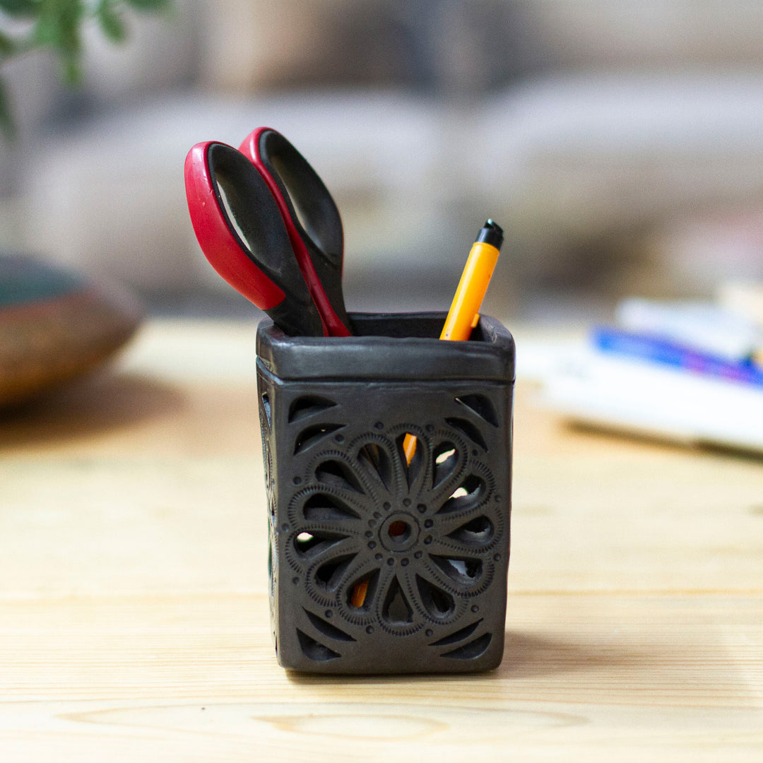 Oaxaca Barro Negro Rectangular Floral Ceramic Pencil Holder - Oaxacan Flower